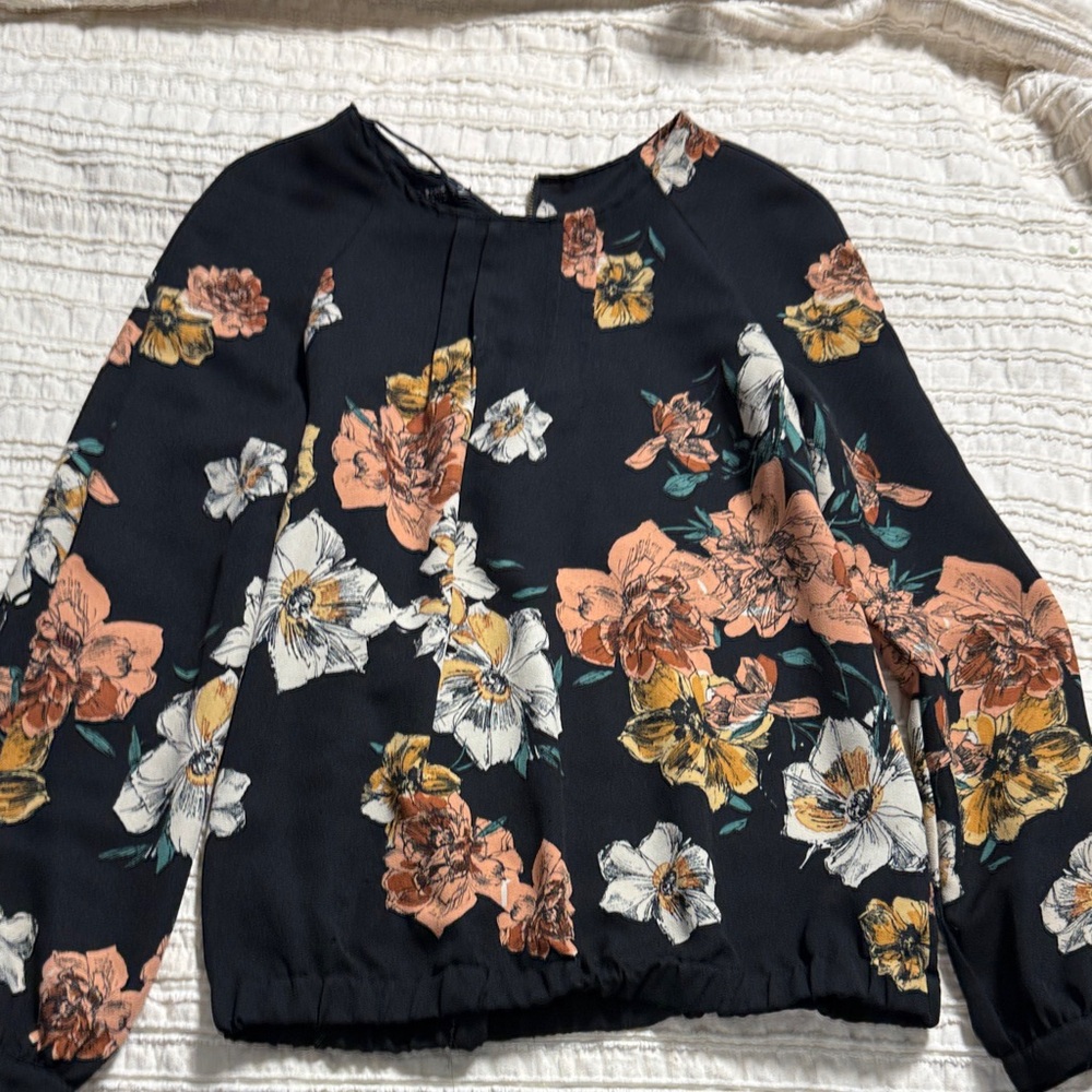 Zara Black Floral Blouse with Peach and White Accents
